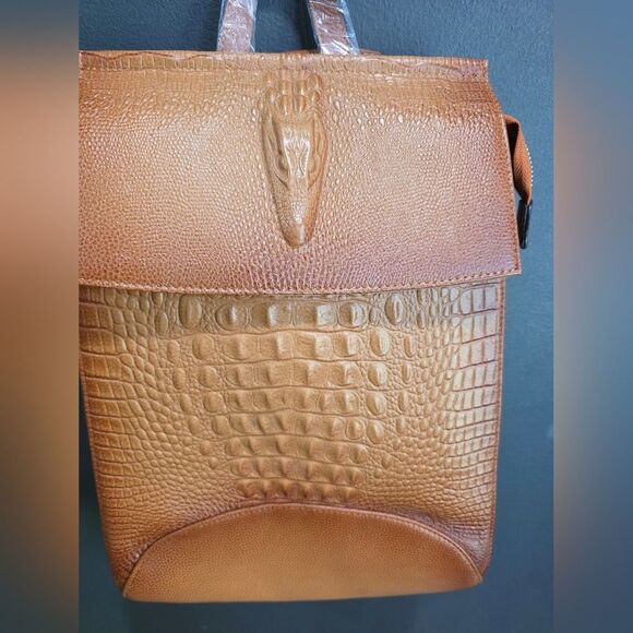 COOLCY Women Leather Backpack Shoulder Bag Tan Croc Embossed Convertible NWT - Picture 3 of 9